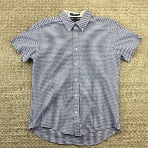 Tommy Hilfiger Shirt Men Medium M Blue Plaid Slim Fit City Poplin Button Up Logo